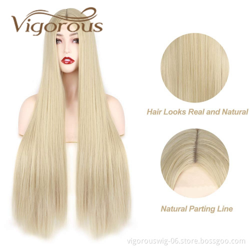 Vigorous High Quality Cheap Price Long Silky Straight Wave Blonde Middle Part Cosplay For Black Women Synthetic Hair Wigs